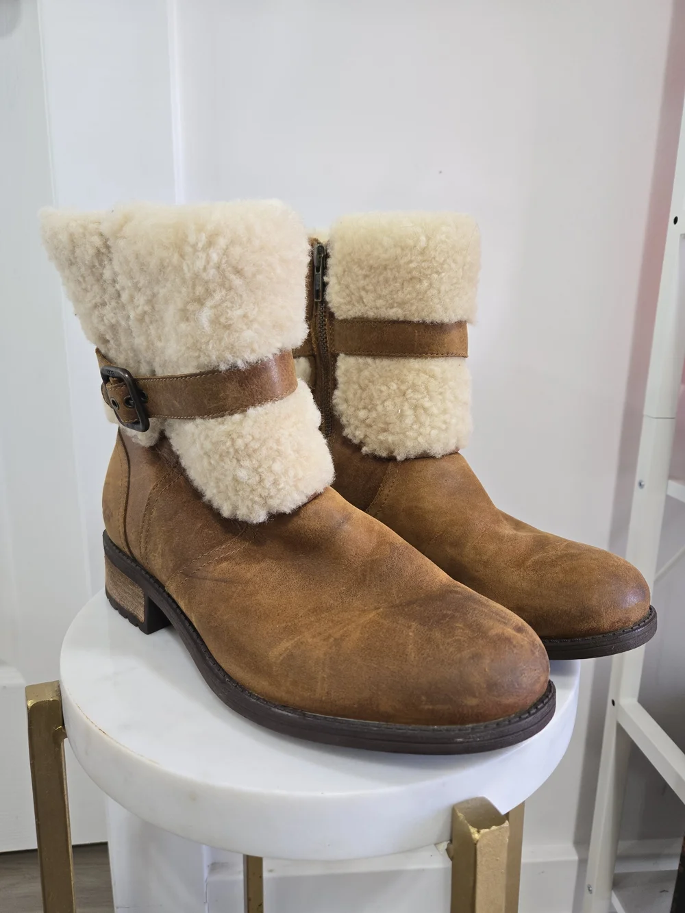 UGG Women's Chestnut Brown Leather Shearling Cuff Buckle Boots